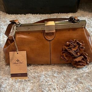 Patricia Nash Cognac Brown Leather Frame Clutch with Floral Appliqué